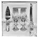 4 Piece Mis Quince Anos Cake Knife and Server Set with Champagne Toasting Glass Flutes White Flower Design
